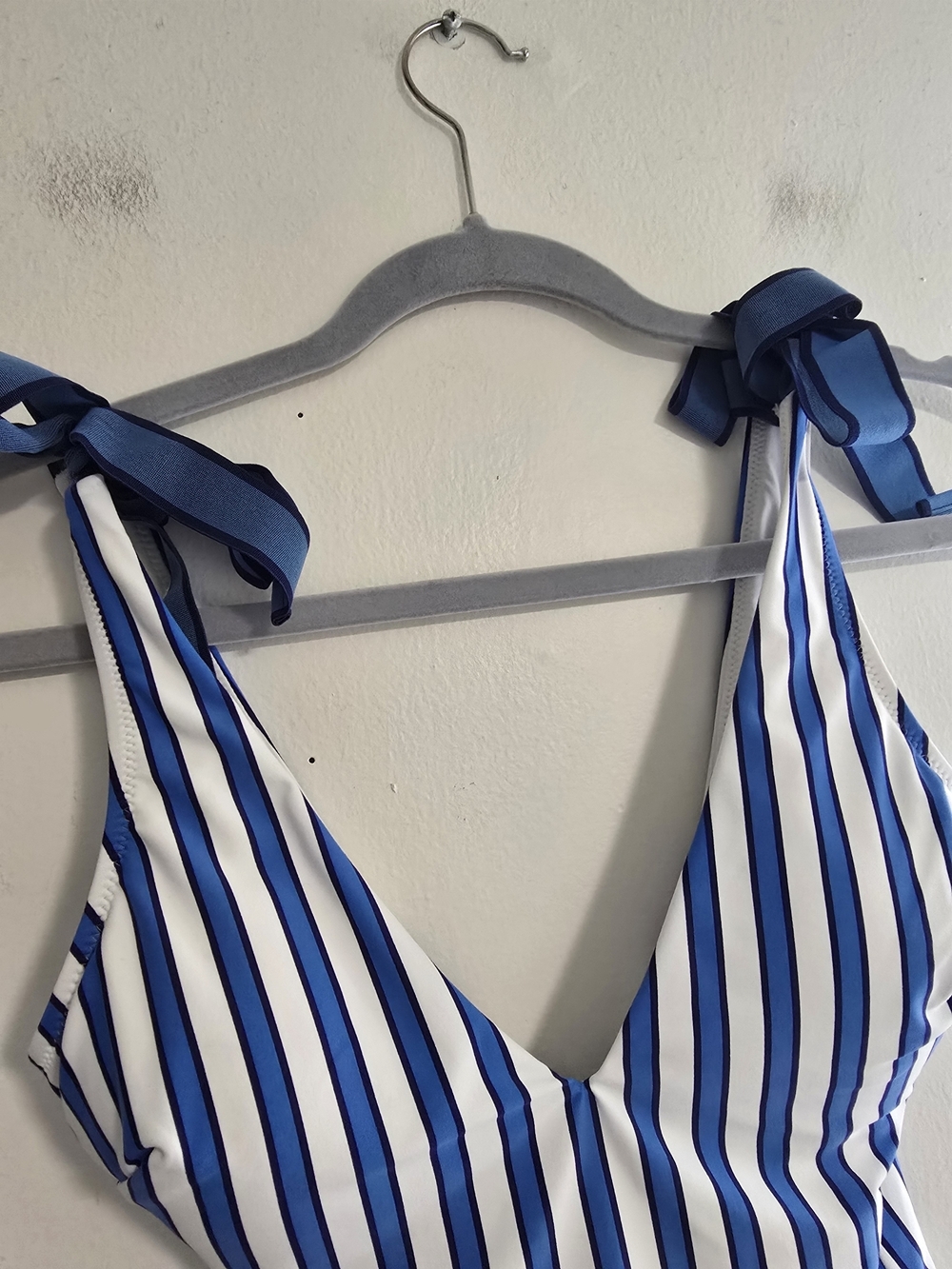J. Crew tie shoulder one piece in cabana stripe swimsuit blue white retro Pinup - Picture 4 of 8